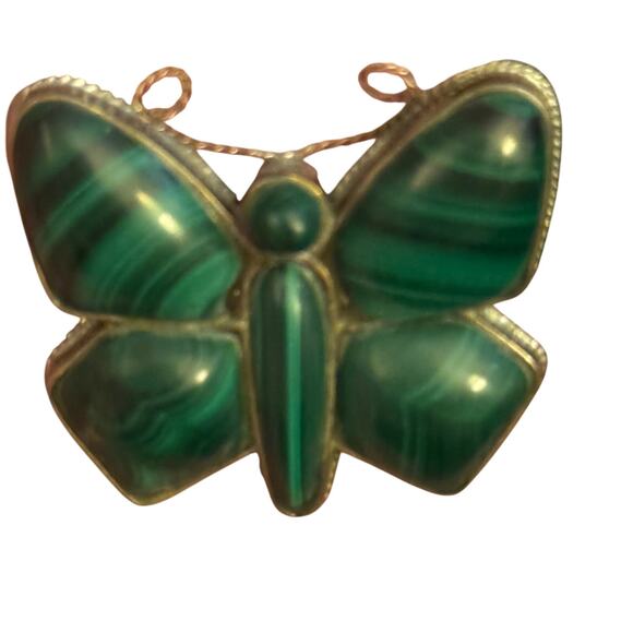 Vintage Sterling and Malachite Butterfly Brooch Pin Russia 1" - Picture 3 of 7